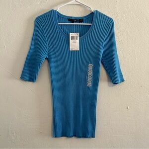 NWT Women’s Large Sky Blue 100% Cotton Ribbed Fitted Short Sleeve Shirt